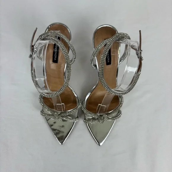 BCBGMaxazria Leather Heels Rhinestone Strappy Stiletto Elegant Pumps Silver Sz 9 - Picture 5 of 16
